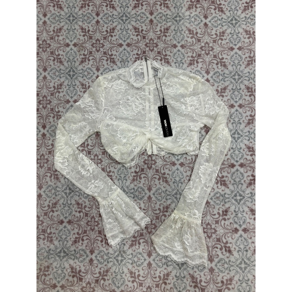 Fashion Nova Nalini Lace Top White Floral Crop Long Sleeve Bell Cuff Zip Front L